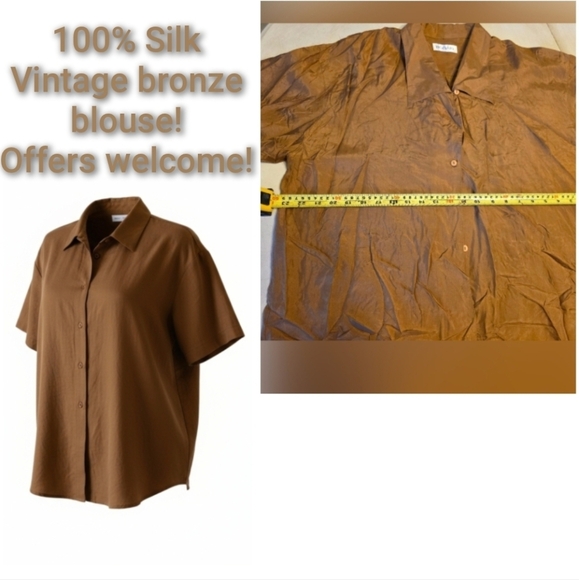 100% Silk Blouse Shirt Brown Bronze Large BOGARI Vintage 90s - Picture 3 of 9